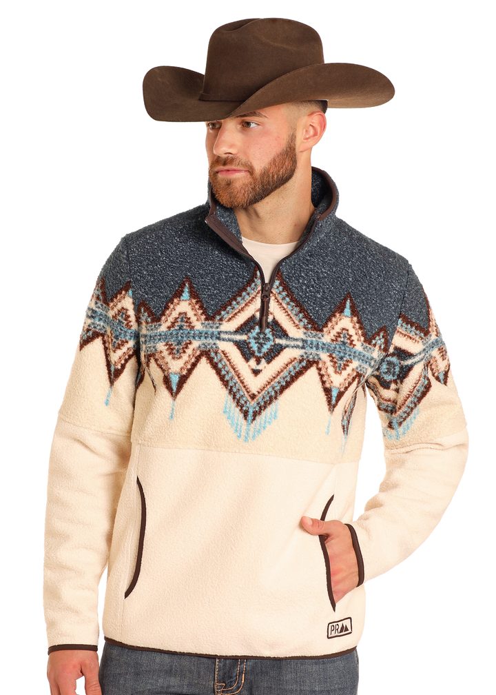 Panhandle Mens Cream Aztec Berber Border Pullover