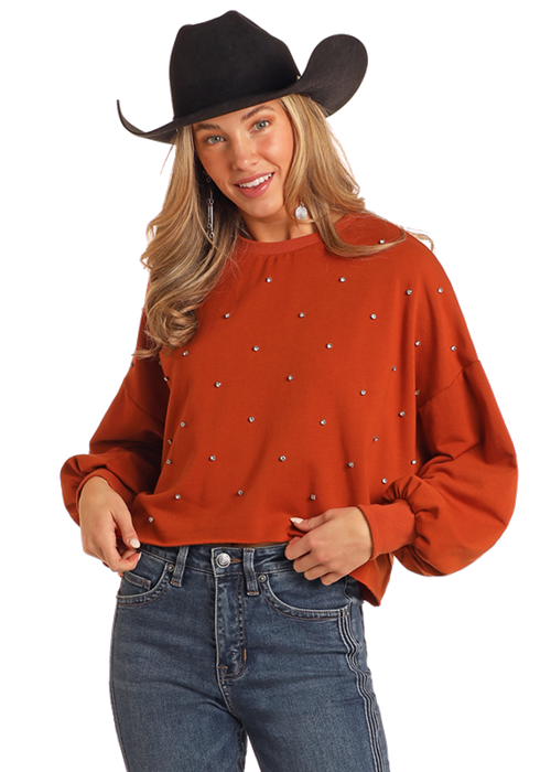 Panhandle Womens Rust Rhinestone Cropped Pullover