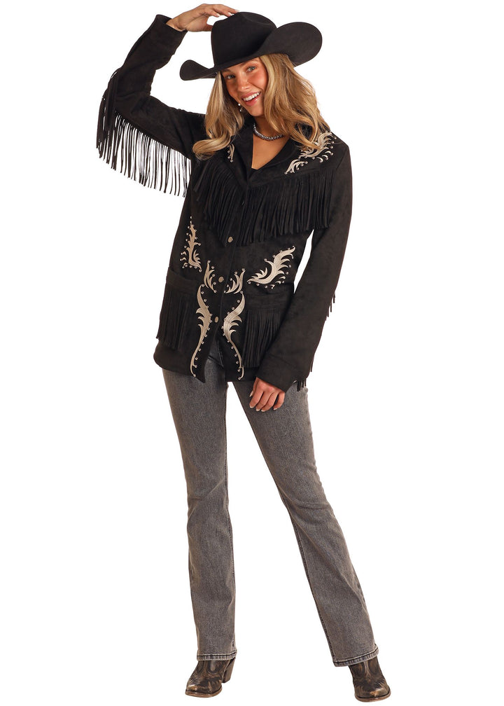 Panhandle Womens Black Microsuede Fringe Jacket