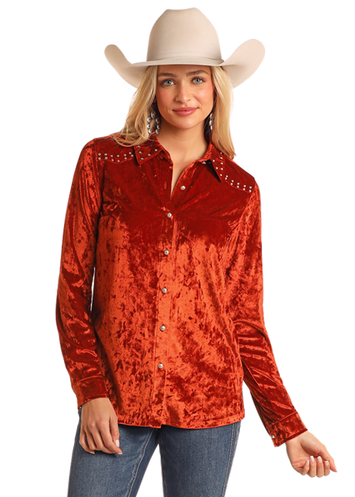 Panhandle Womens Rust Velvet Long Sleeve Shirt