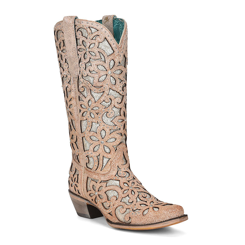 Corral Womens Nude Glitter Floral Inlay & Studs Boots