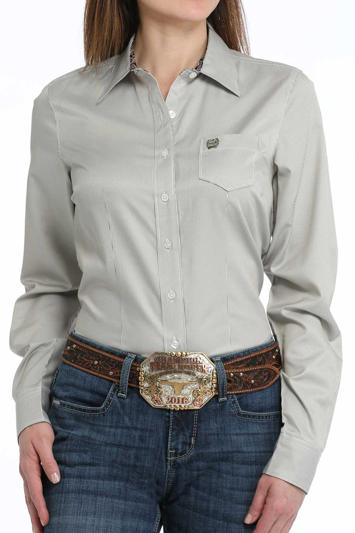 Cinch Womens Olive Stripe Long Sleeve Shirt