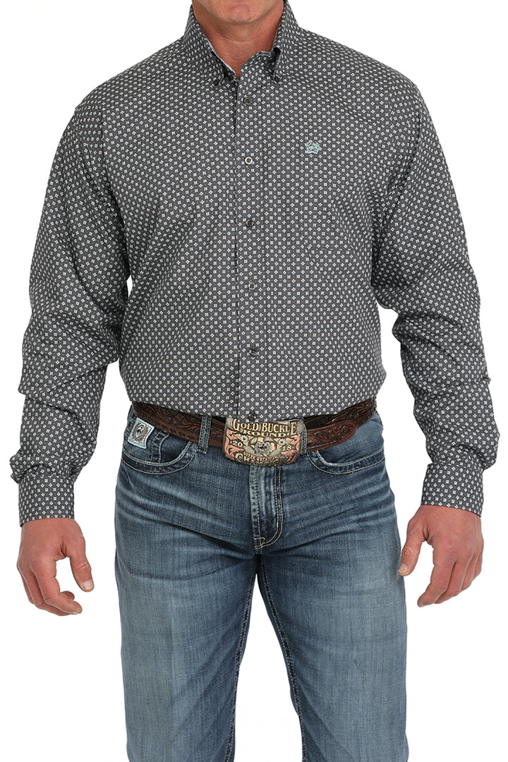 Cinch Mens Grey Geometric Print Long Sleeve Shirt