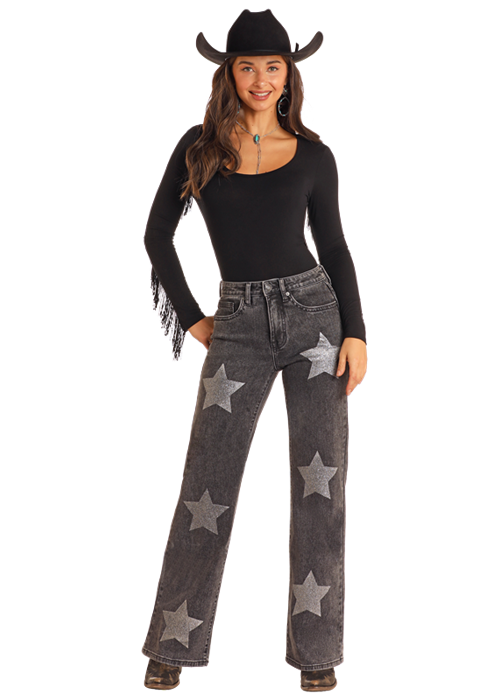 Panhandle Womens High Rise Star Print Relaxed Flare Jeans